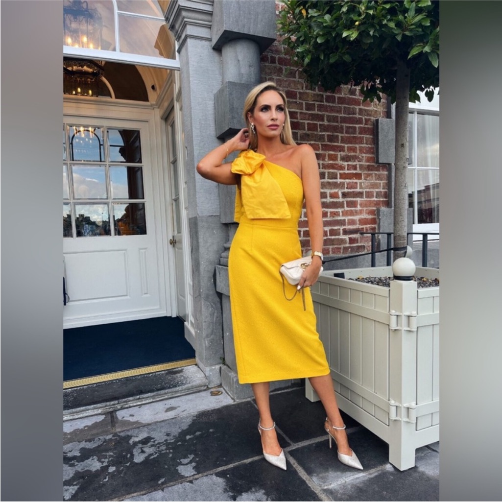 New Rebecca Vallance Calla One Shoulder Yellow Midi Dress Size 6